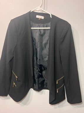 Calvin Klein Black Open-Front Blazer with Gold Zipper Accents